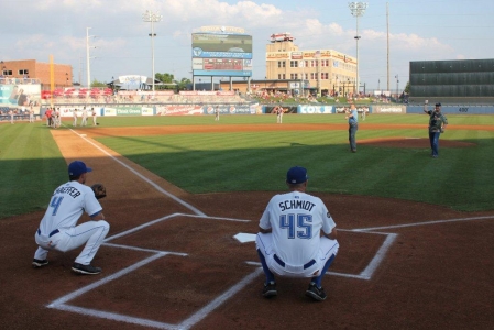 Danny (L) and David Mantle (R) throwing out the first pitch.